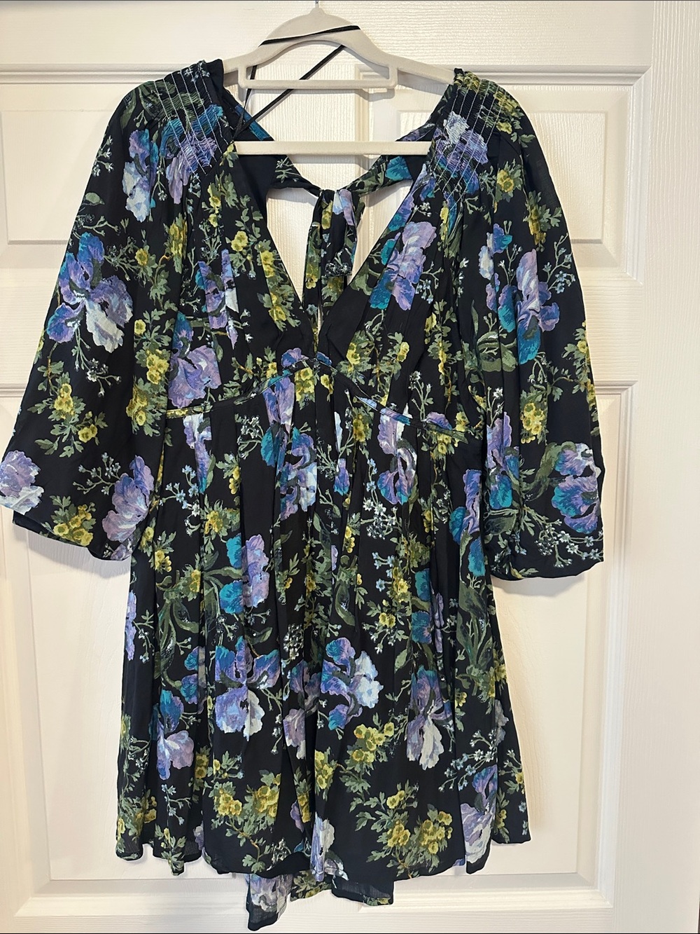 Free People Black Floral Tie-Back Mini Dress in Blue, Purple, Green